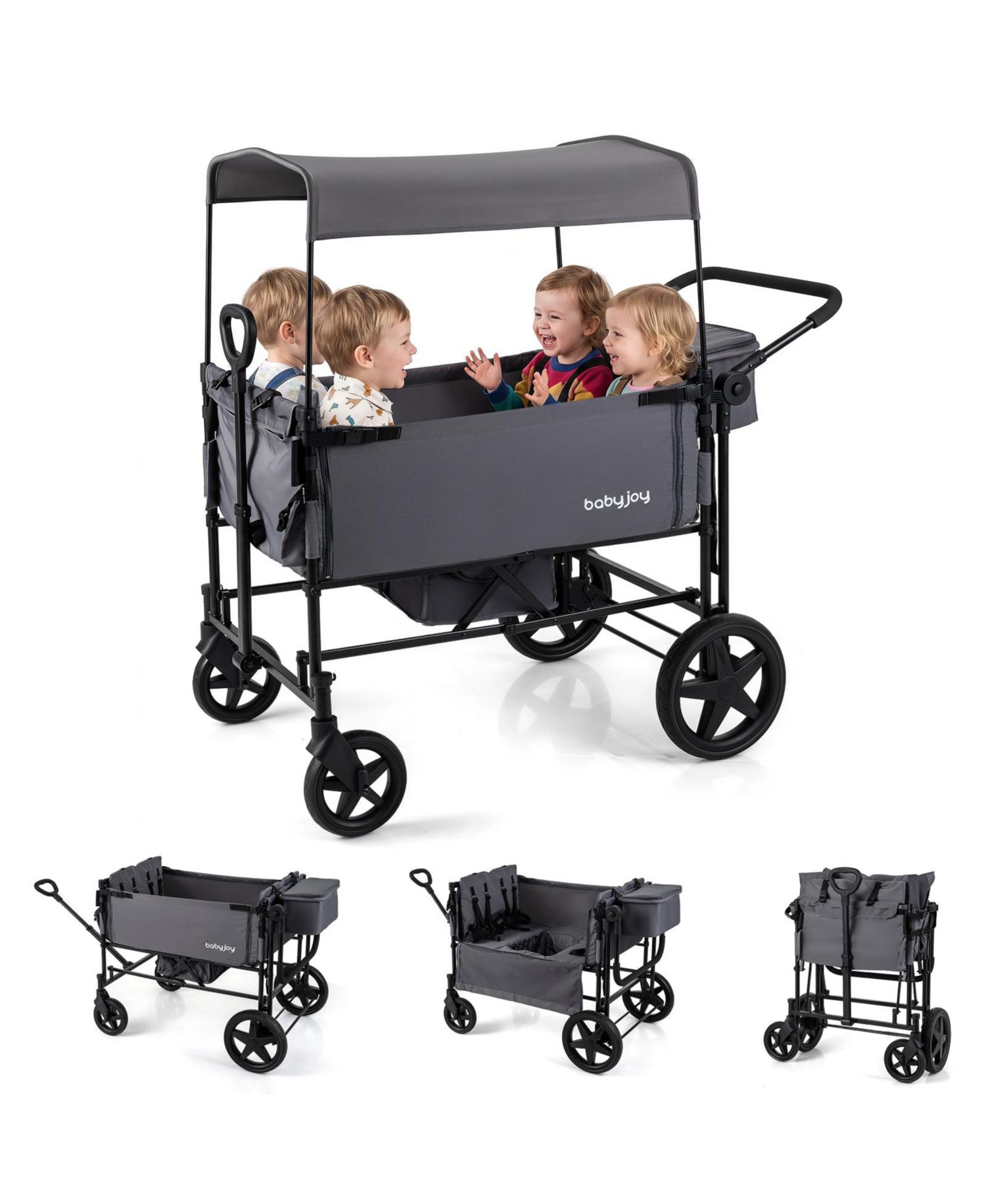 Foldable Wagon Stroller for 4 Kids with Removable Canopy