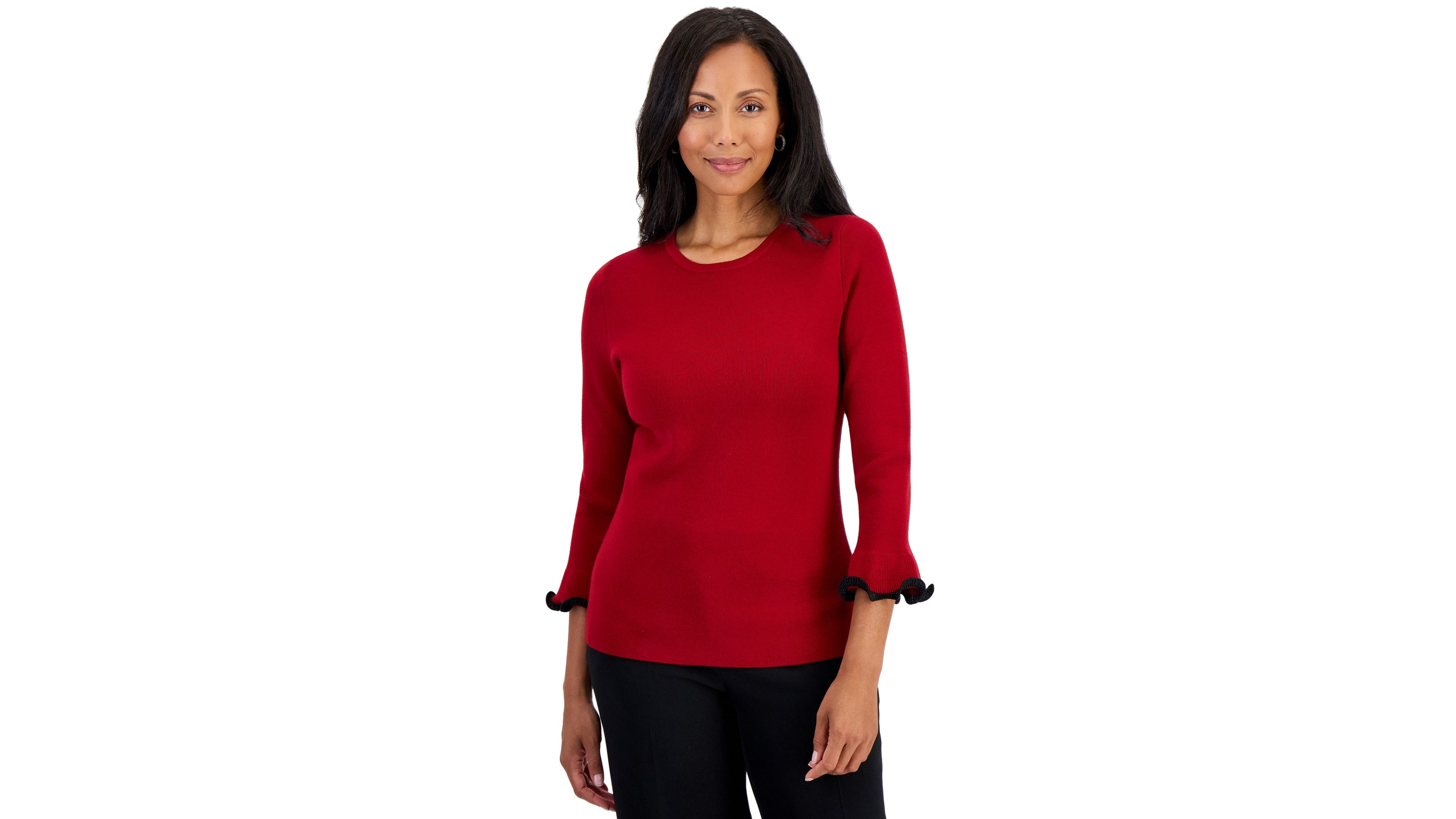 Kasper Womens Crew Neck Sculptural Cuff 3 4 Sleeve Sweater