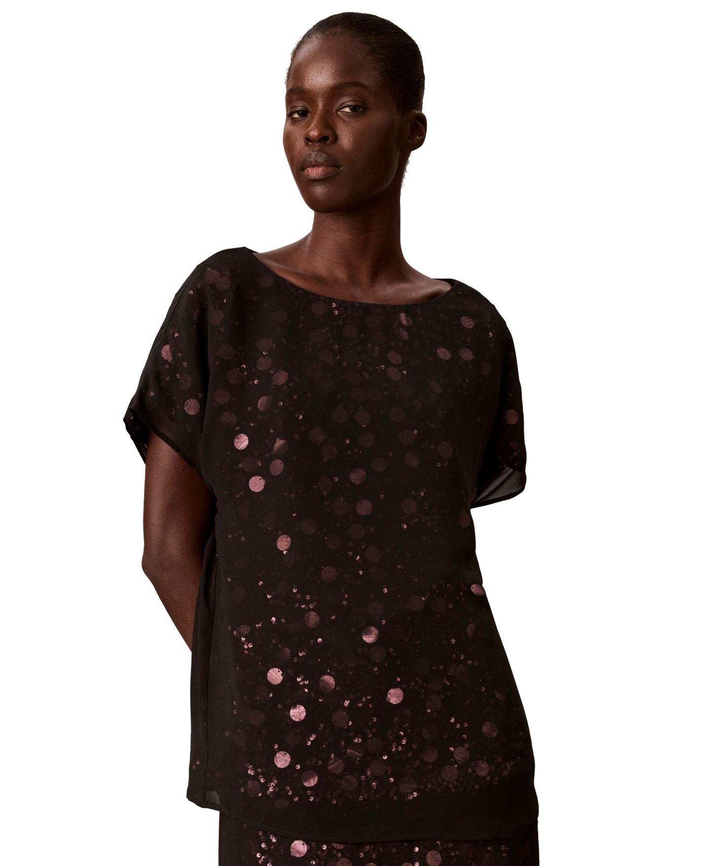 Женская блузка Calvin Klein Sequin Sheer Boat-Neck, цвет: Выцветший орхидея / Чёрный — фото 7