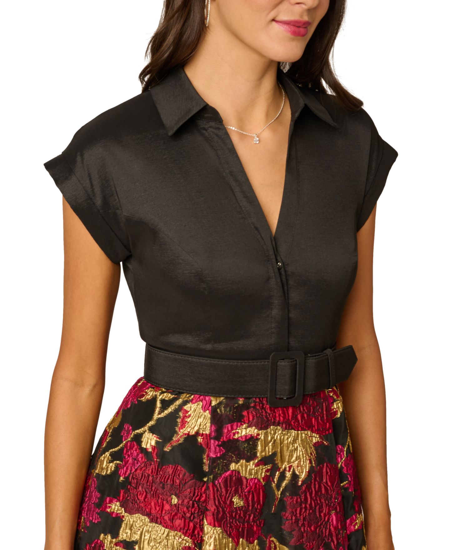 Женское платье Adrianna Papell Petite Floral-Print A-Line Midi Shirt Dress, цвет: Чёрный розовый разноцветный — фото 2