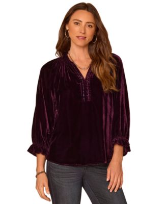Women's Petite 3/4-Sleeve Velvet Split-Neck Blouse