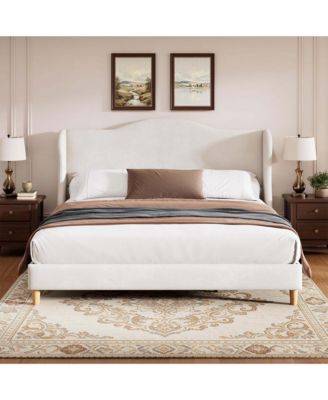 Velvet Wingback Upholstered Platform Bed Frame with Tall Gothic Headboard Gray Sturdy Wooden Slats for Bedroom