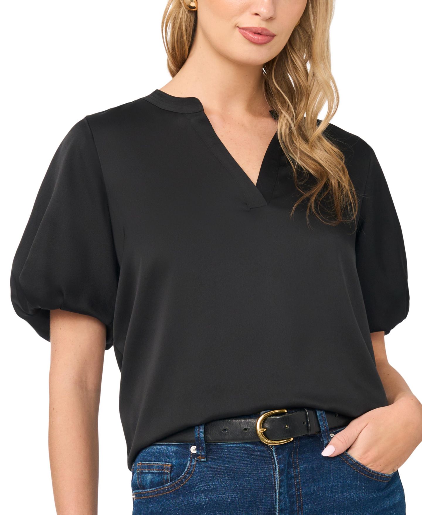 Женский топ Vince Camuto V-Neck Puff-Sleeve, цвет: Насыщенный чёрный — фото 4
