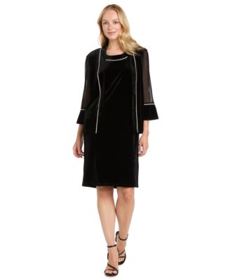 Women's Rhinestone Scoop Neck Velvet Jacket and Dress, 2-Piece Set
