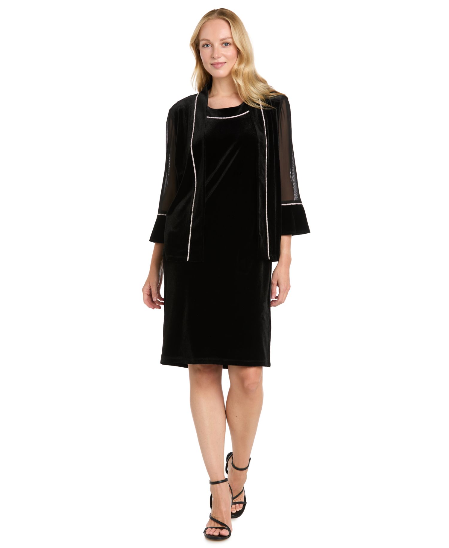 Women's Rhinestone Scoop Neck Velvet Jacket and Dress, 2-Piece Set