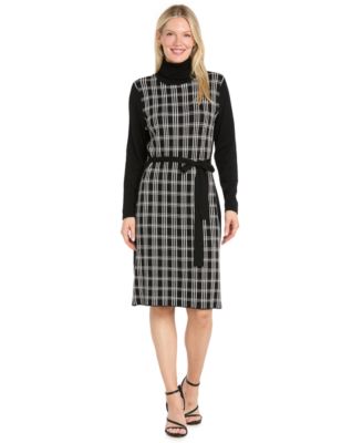 Women's Shift Windowpane Long-Sleeve Belted Turtleneck Sweater Dress