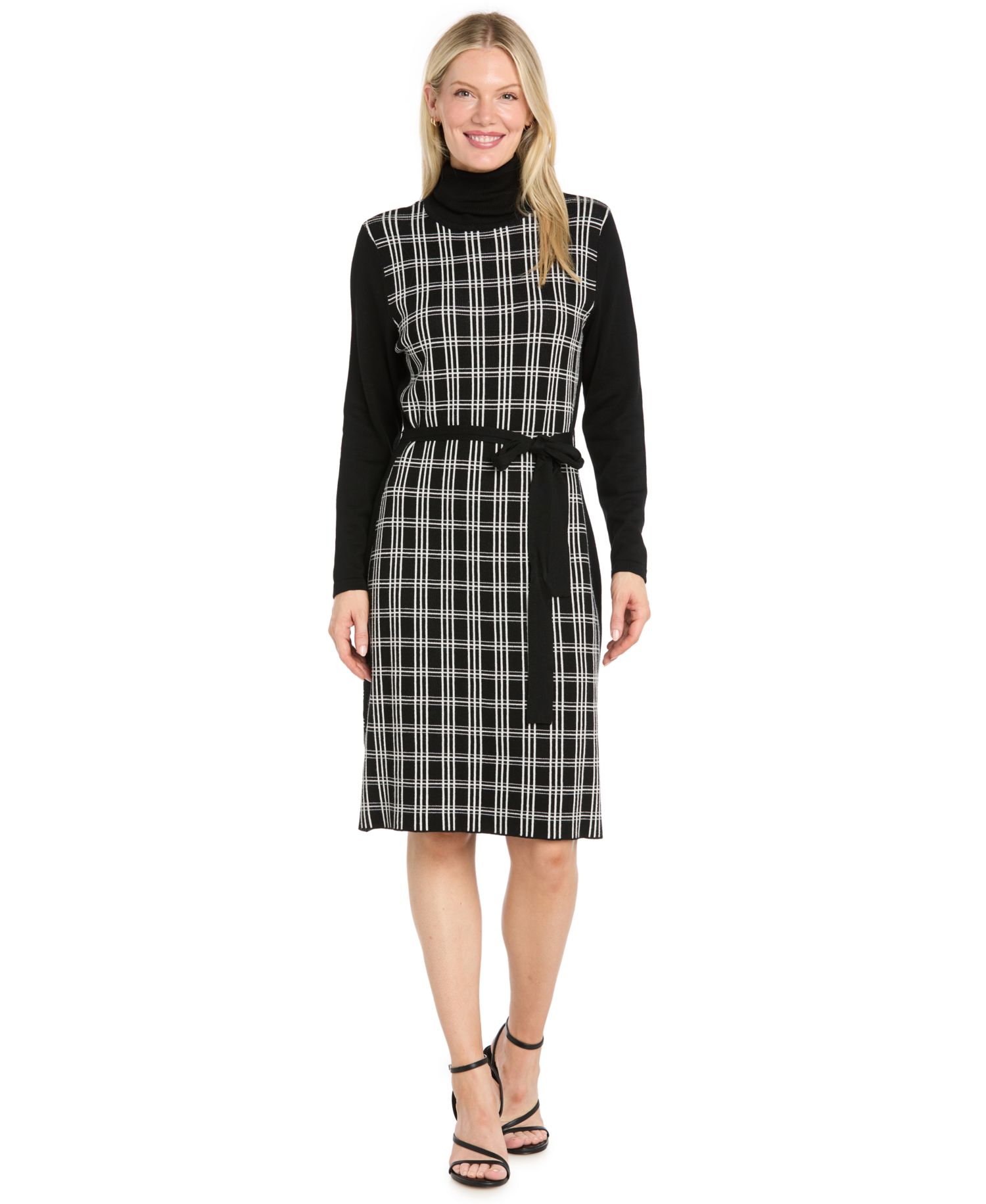 Women's Shift Windowpane Long-Sleeve Belted Turtleneck Sweater Dress