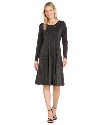 Women's Beaded Long-Sleeve Fit & Flare Dress
