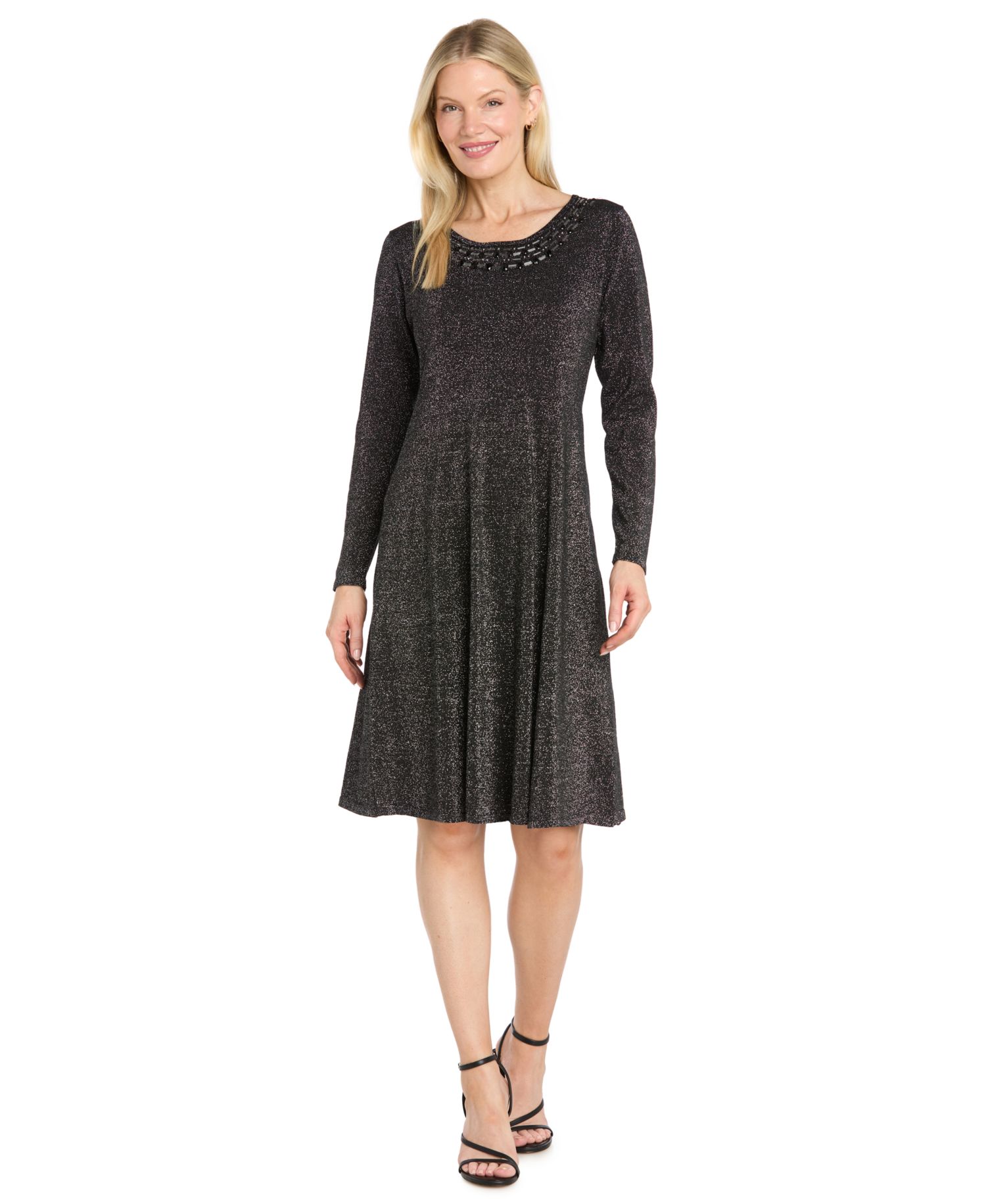 Women's Beaded Long-Sleeve Fit & Flare Dress