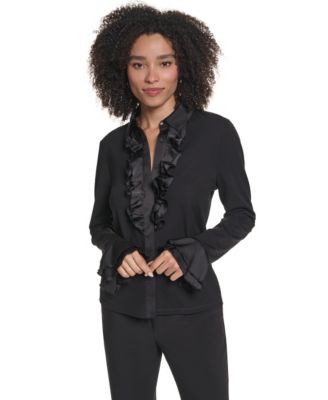Women's Cut and Sew Long-Sleeve Ruffle-Trim Blouse
