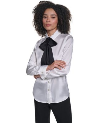 Women's Long-Sleeve Satin Button-Up Blouse