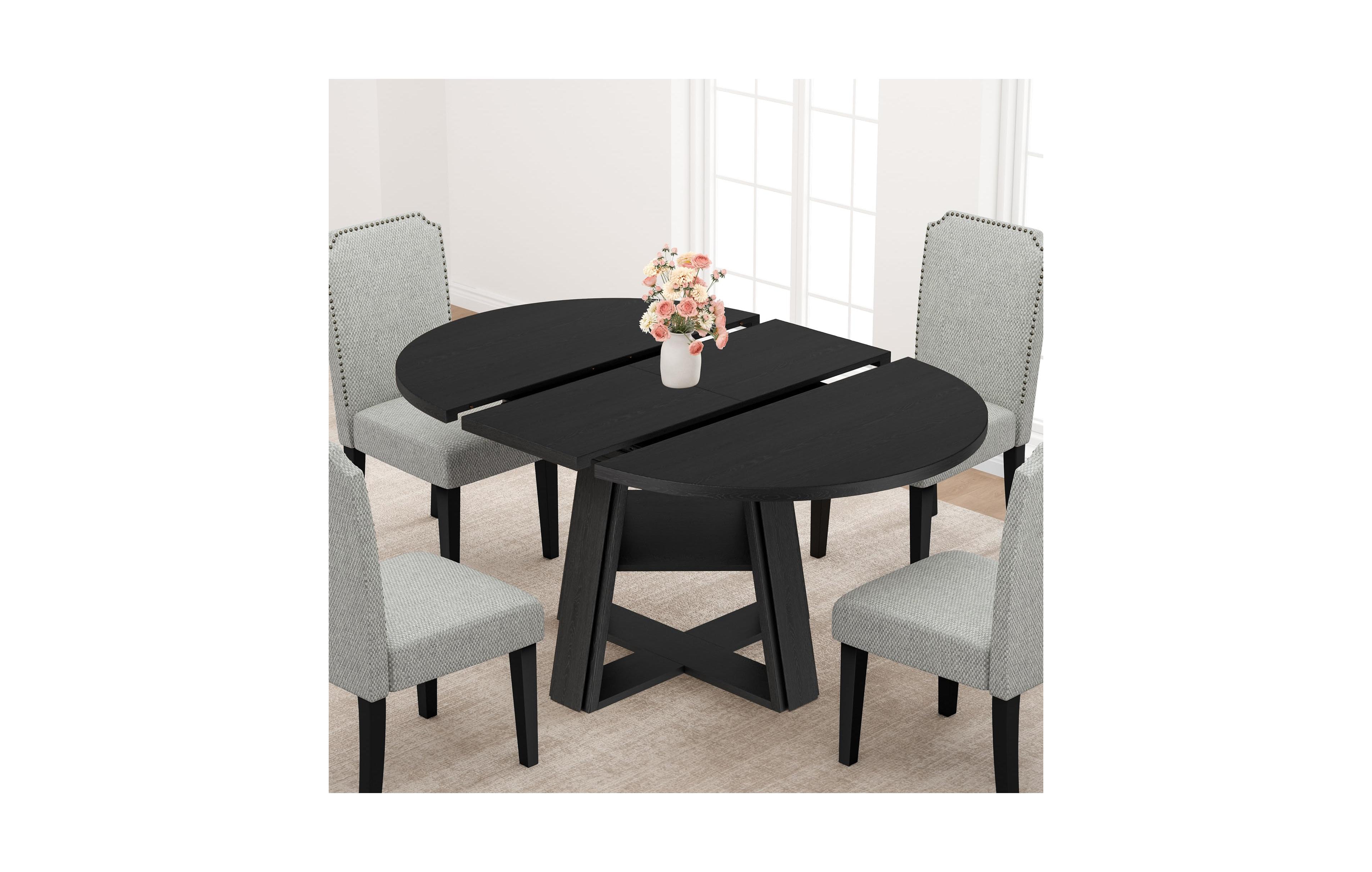 Gaomon Extendable Dining Table for 4-8 People, Space-Saving Oval/Round with Pedestal Base, Storage Shelf, Kitchen & Apartment