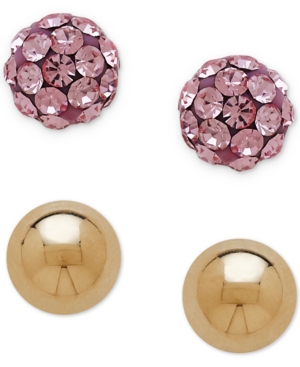 image of Children-s 2-Pc. Set Pink Crystal and Ball Stud Earrings in 14k Gold