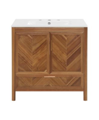 30 Inch Farmhouse Bathroom Vanity with White Ceramic Sink Acacia Wood Veneer Herringbone Design Soft Close Doors Full Extension Drawer