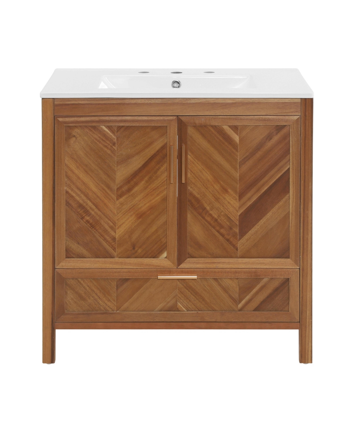 Busdays 30 Inch Farmhouse Bathroom Vanity with White Ceramic Sink Acacia Wood Veneer Herringbone Design Soft Close Doors Full Extension Drawer