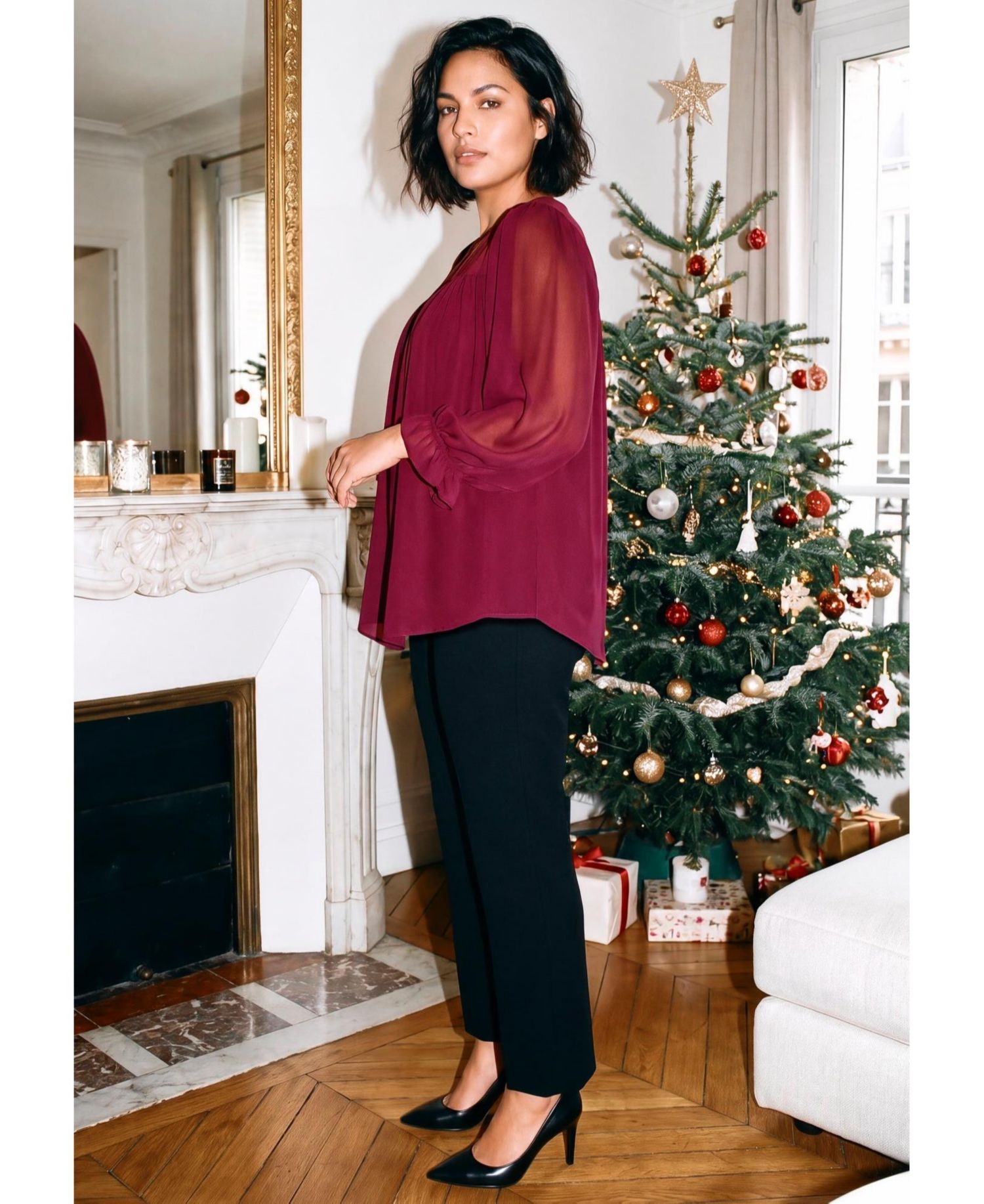 Plus Size Gathered Sheer Relaxed-Fit Blouse