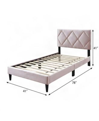 Velvet Twin Platform Bed Frame with Diamond-Tufted Headboard