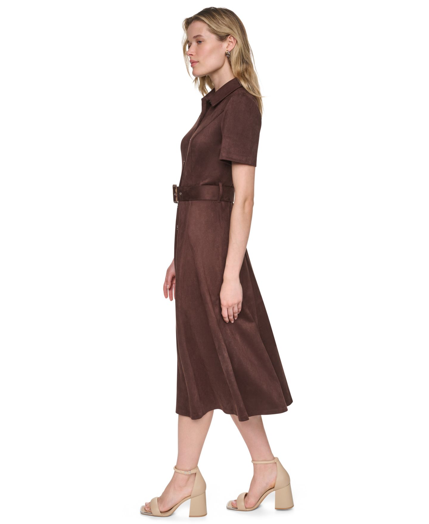 Женское платье DKNY Petite Faux Suede Short-Sleeve Midi Shirt Dress, цвет: Кофейный — фото 3