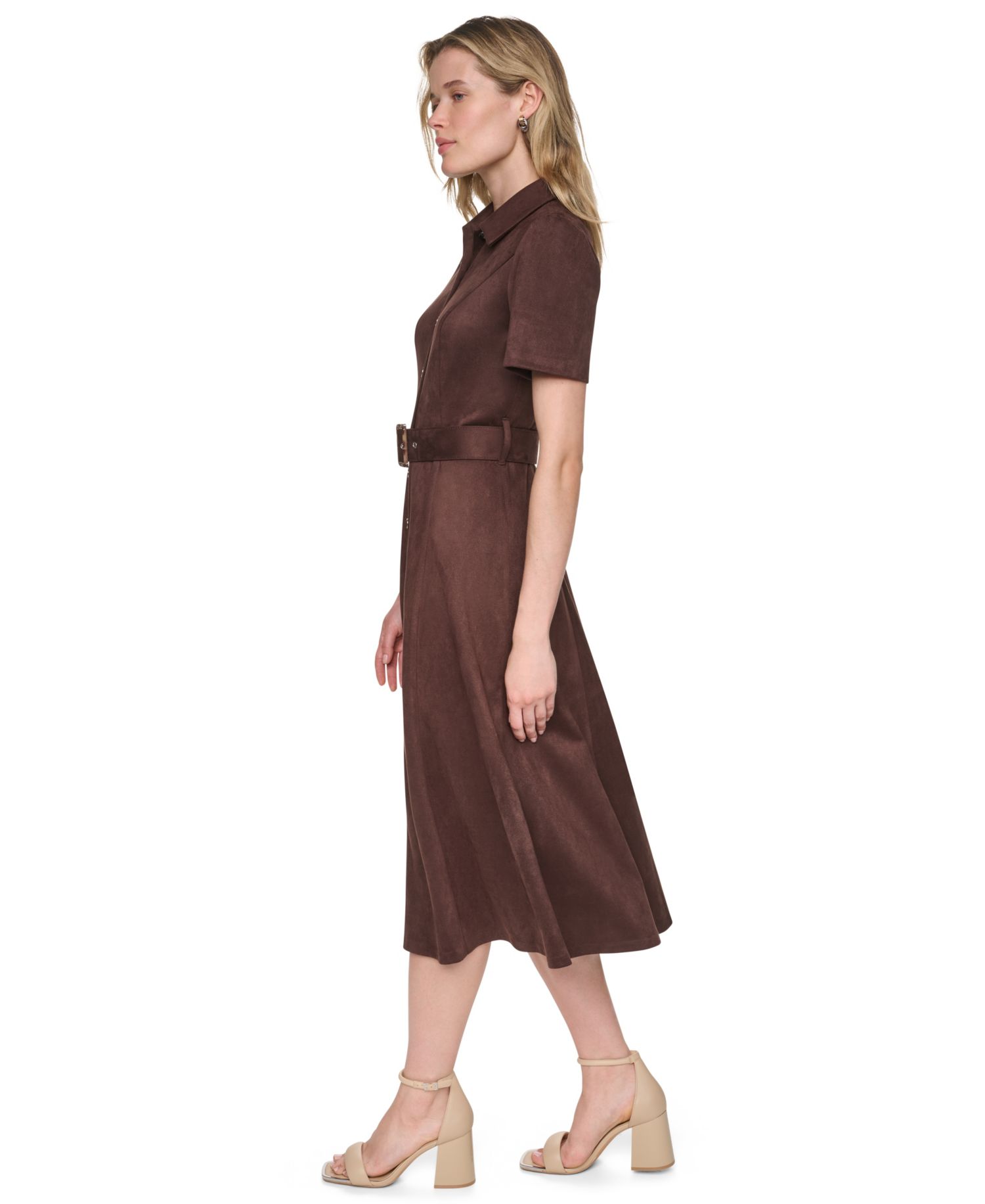 Petite Faux Suede Short-Sleeve Midi Shirt Dress