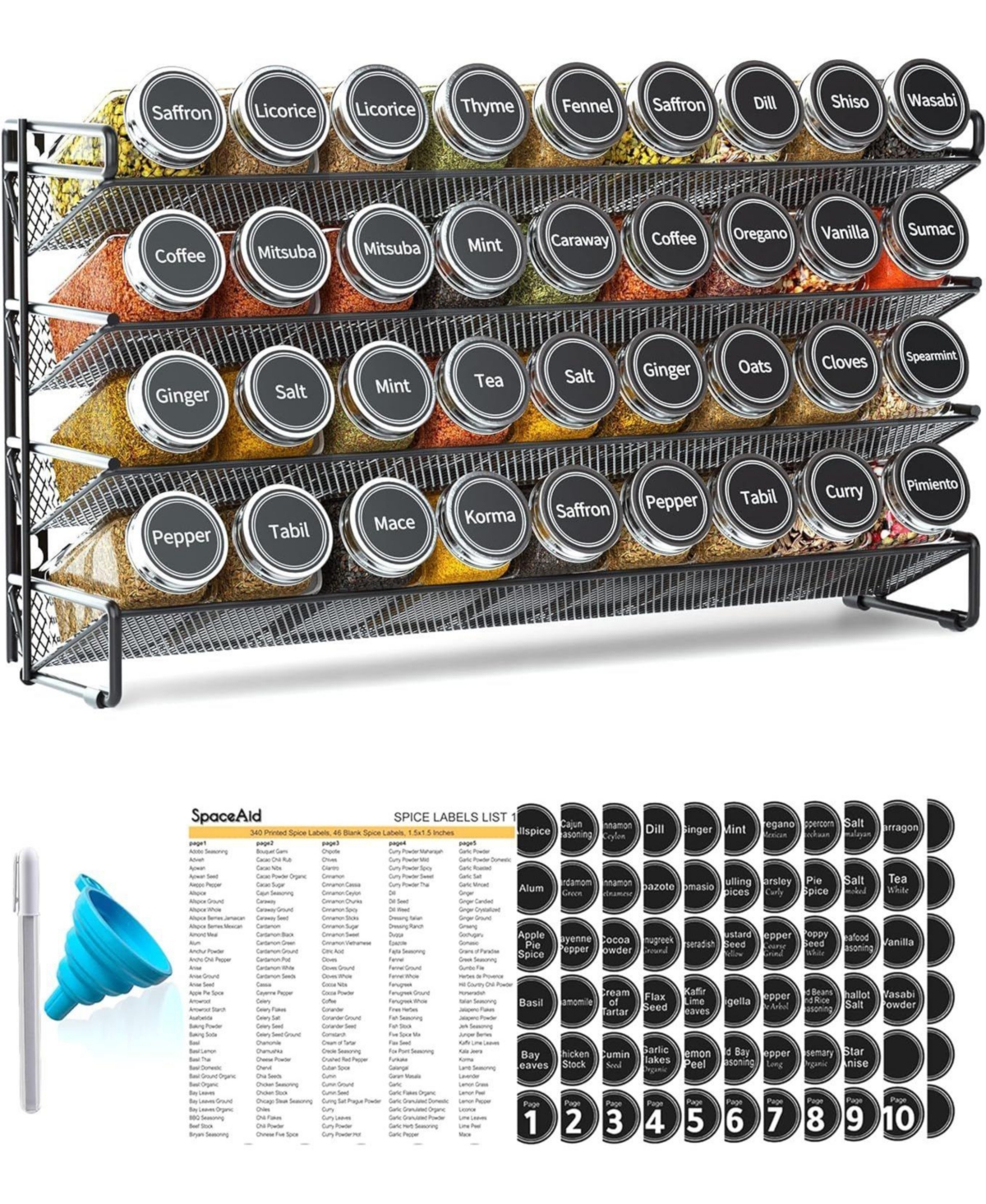 Spice Rack Organizer with 36 Jars, 386 Labels, for Cabinet, Countertop, Pantry or Wall Mount