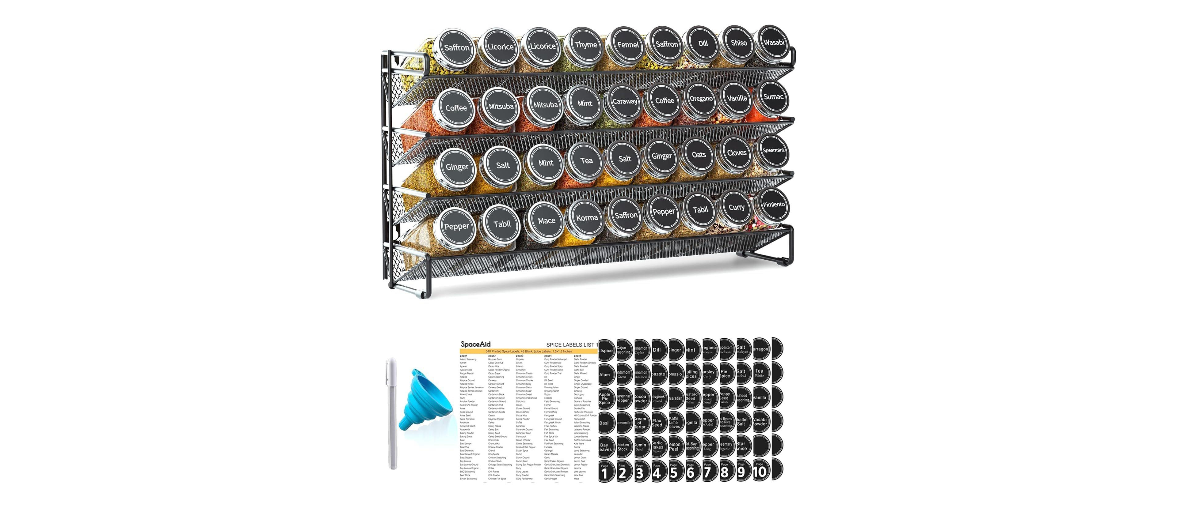Spice Rack Organizer with 36 Jars, 386 Labels, for Cabinet, Countertop, Pantry or Wall Mount