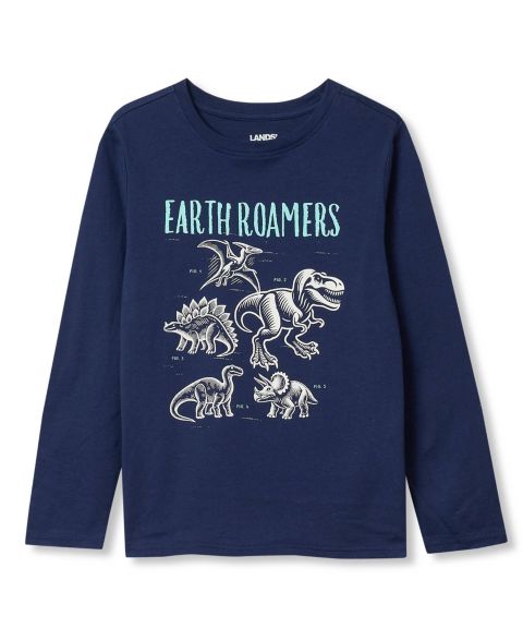 Футболка Lands' End Glow-in-the-Dark Dinosaur Long-Sleeve Graphic для мальчиков, цвет: Тёмно-синий