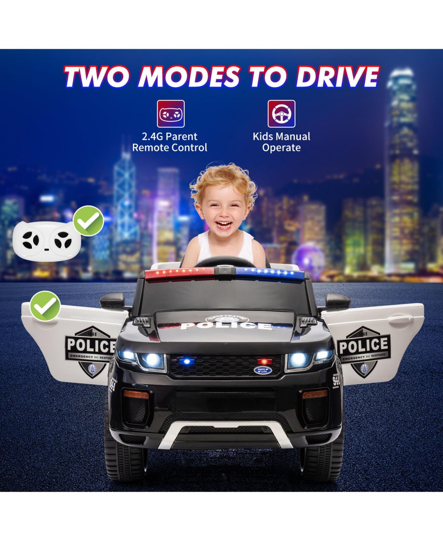 Детская игрушка homfan 12V Ride-On Police Car with Remote Control and LED Lights, от 3 лет, цвет: Чёрный — фото 3