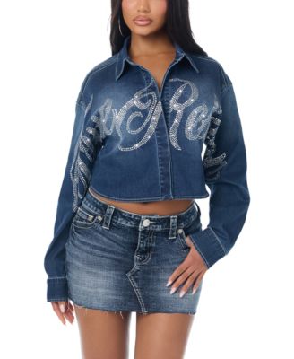 Women's Long-Sleeve Crop Crystal Denim Shirt