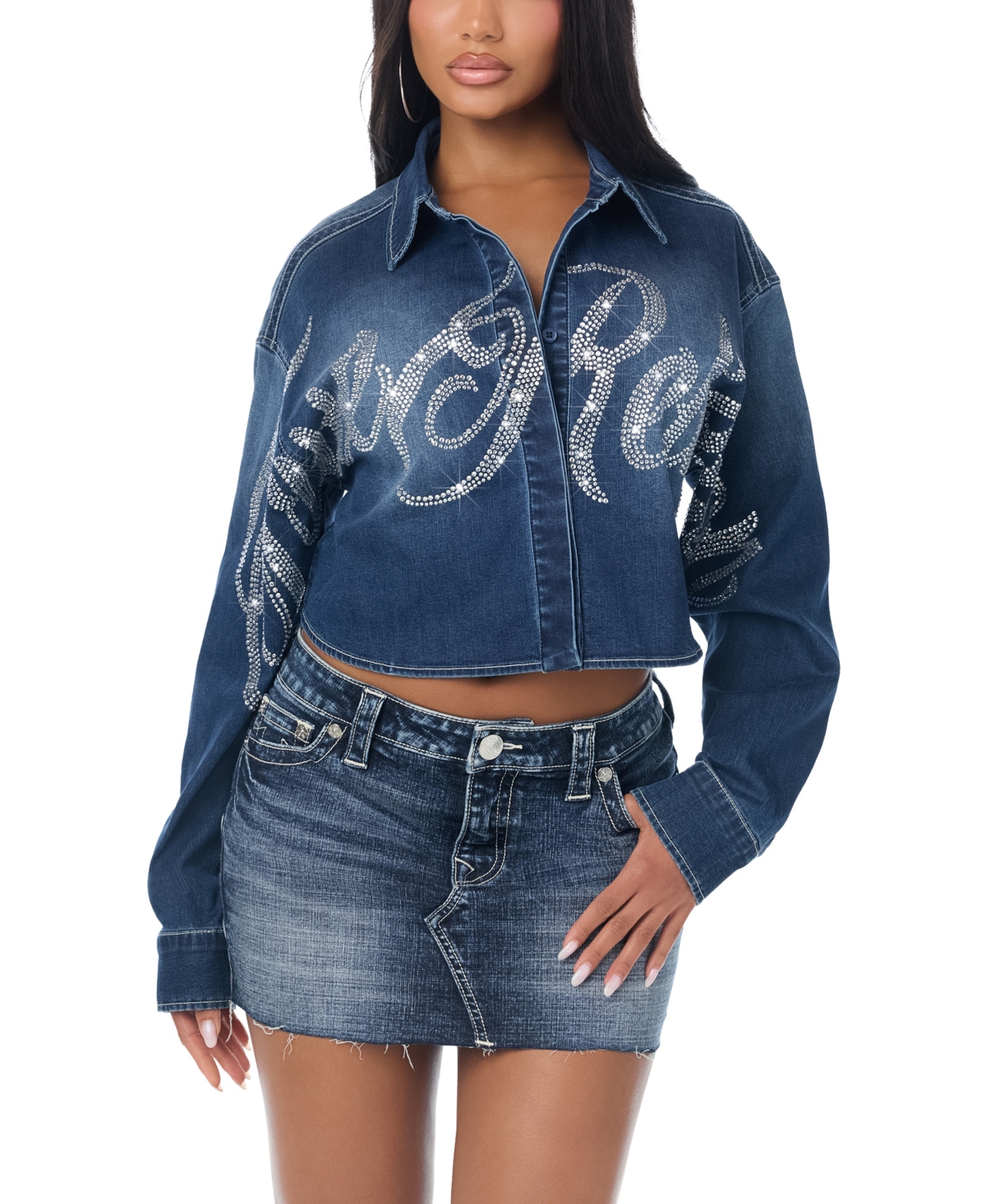 True Religion Women's Long-Sleeve Crop Crystal Denim Shirt
