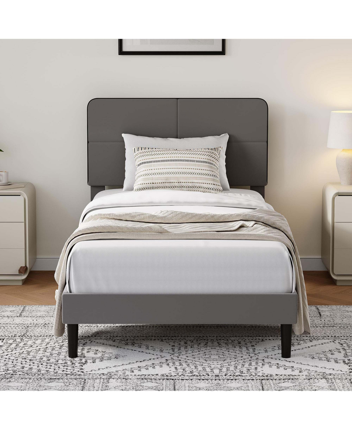 homfan Full Velvet Upholstered Platform Bed Frame with Adjustable Headboard Heavy Duty Metal Slats Deep Grey for Bedroom