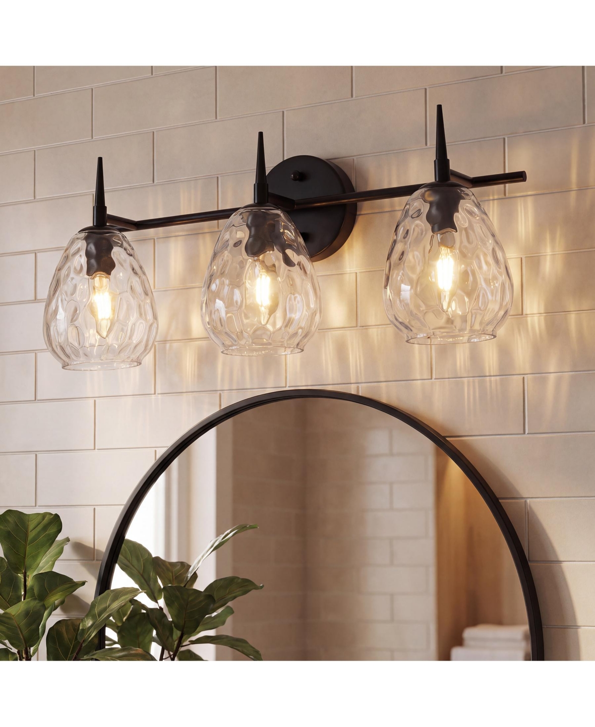 Tribesigns 3-Light Bathroom Vanity Light, Water Ripple Glass Shades - Black and white