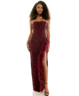 Juniors' Strapless Sequin Feather-Trimmed Side Slit Gown