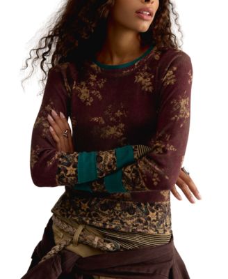 Women's Easy Does It Waffle-Knit Floral-Print Long-Sleeve T-Shirt