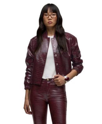 Women's Cropped Lined Faux Leather Bomber Jacket