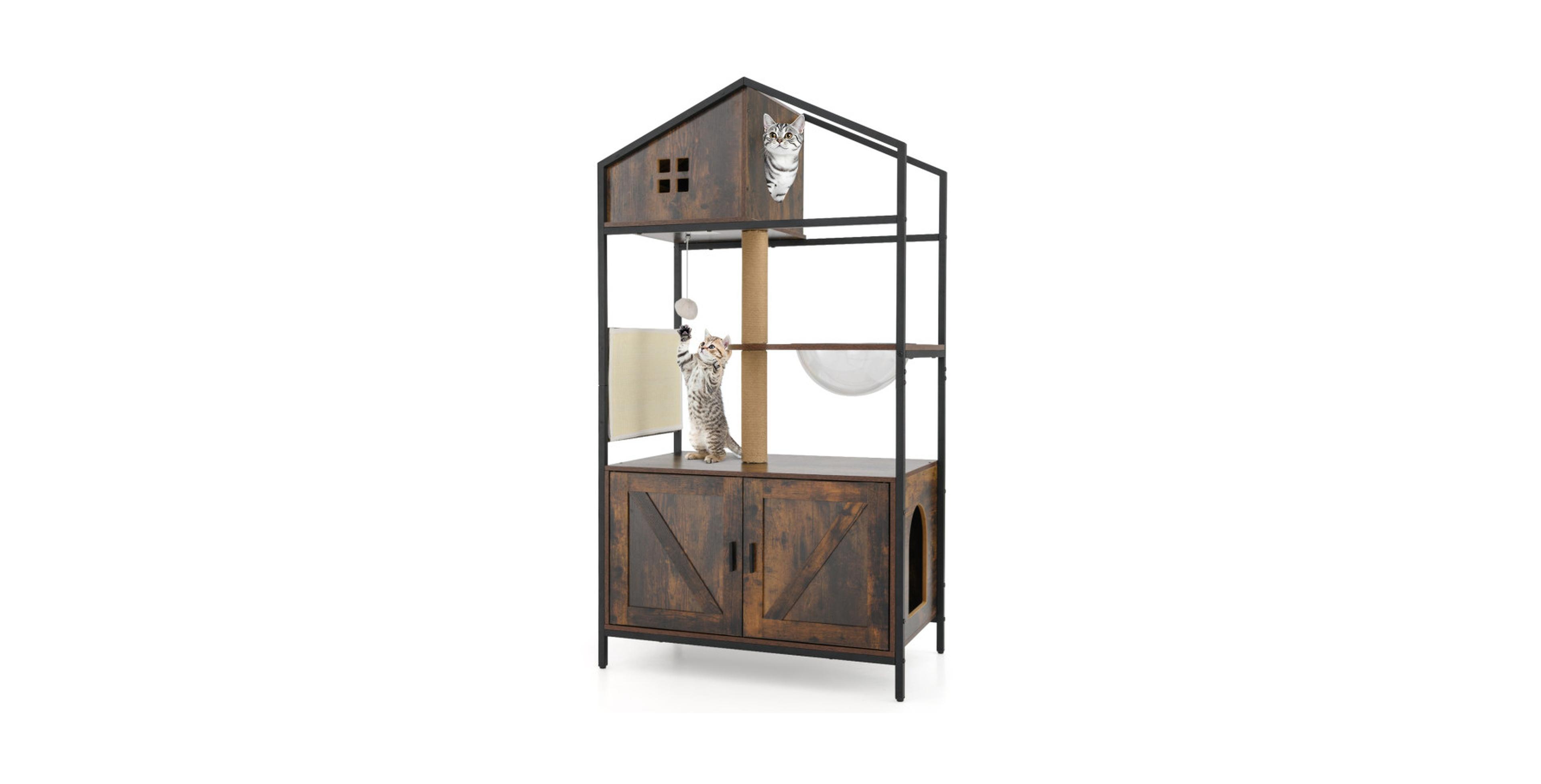 Sugift 59 Inch Industrial Cat Tree with Hidden Litter Box Enclosure Condo and Jute Scratching Posts