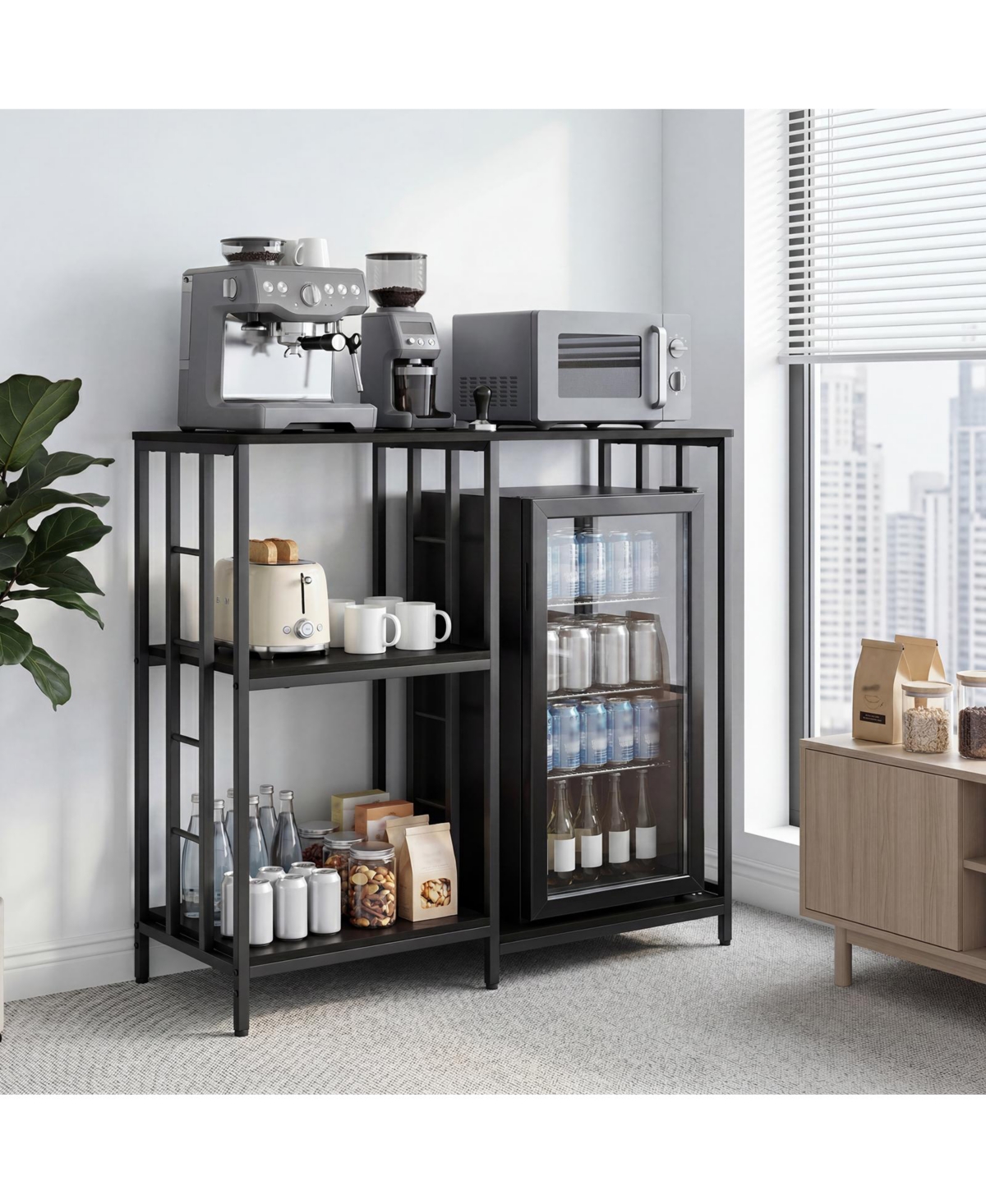 homfan 40.5 Inch 4-Tier Freestanding Coffee Bar Cabinet with Storage, Mini Fridge Stand and Microwave Shelf