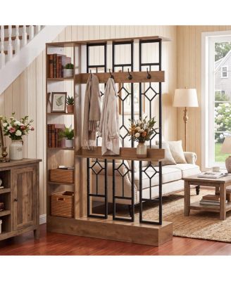 71-Inch Room Divider with Display Shelves and Coat Hooks, Freestanding Entryway Partition with Storage