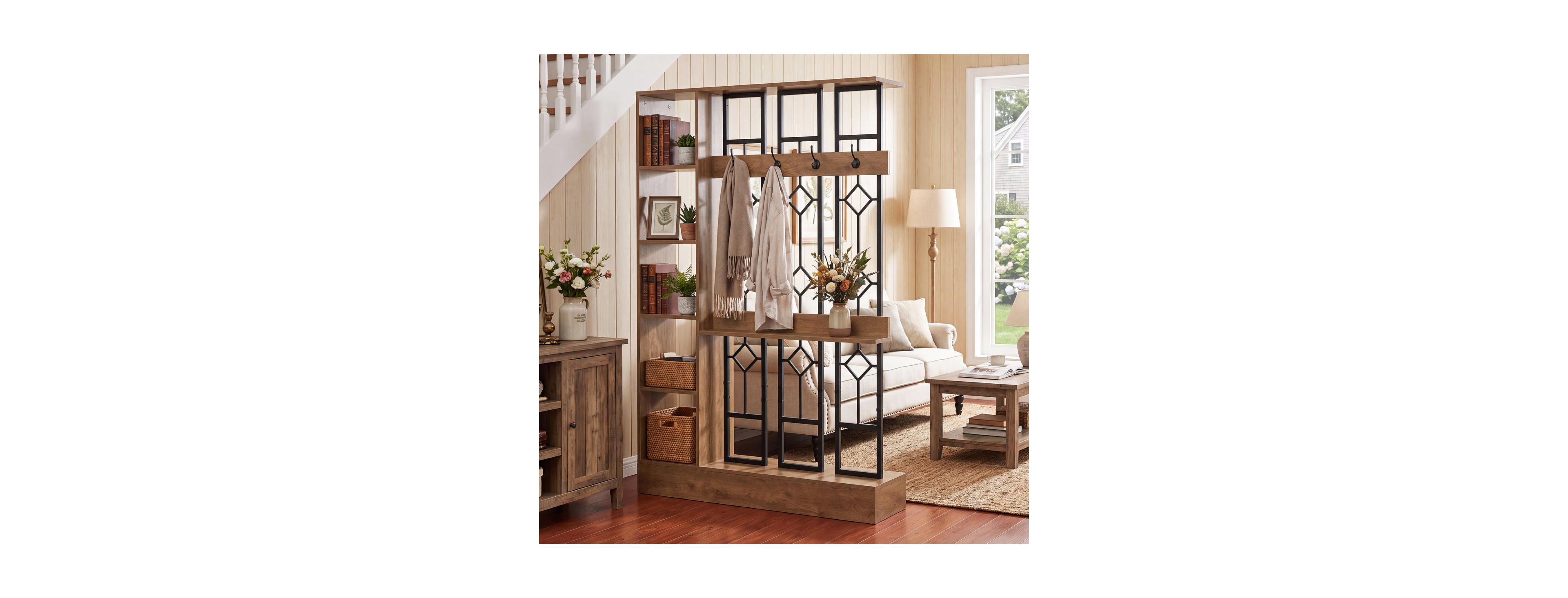 Tribesigns 71-Inch Room Divider with Display Shelves and Coat Hooks, Freestanding Entryway Partition with Storage