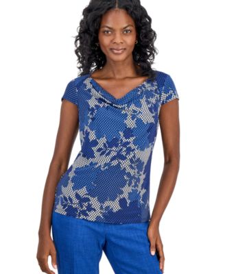 Women's Printed Cowl-Neck Cap-Sleeve Top
