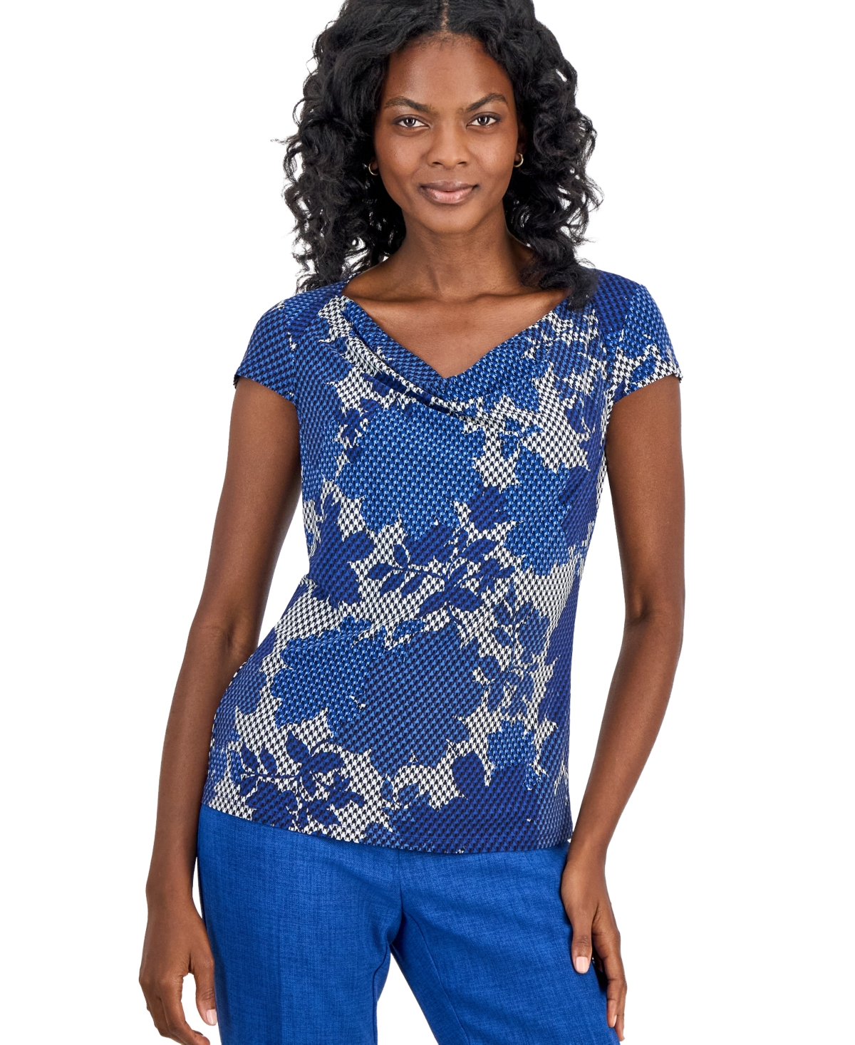 Kasper Women's Printed Cowl-Neck Cap-Sleeve Top