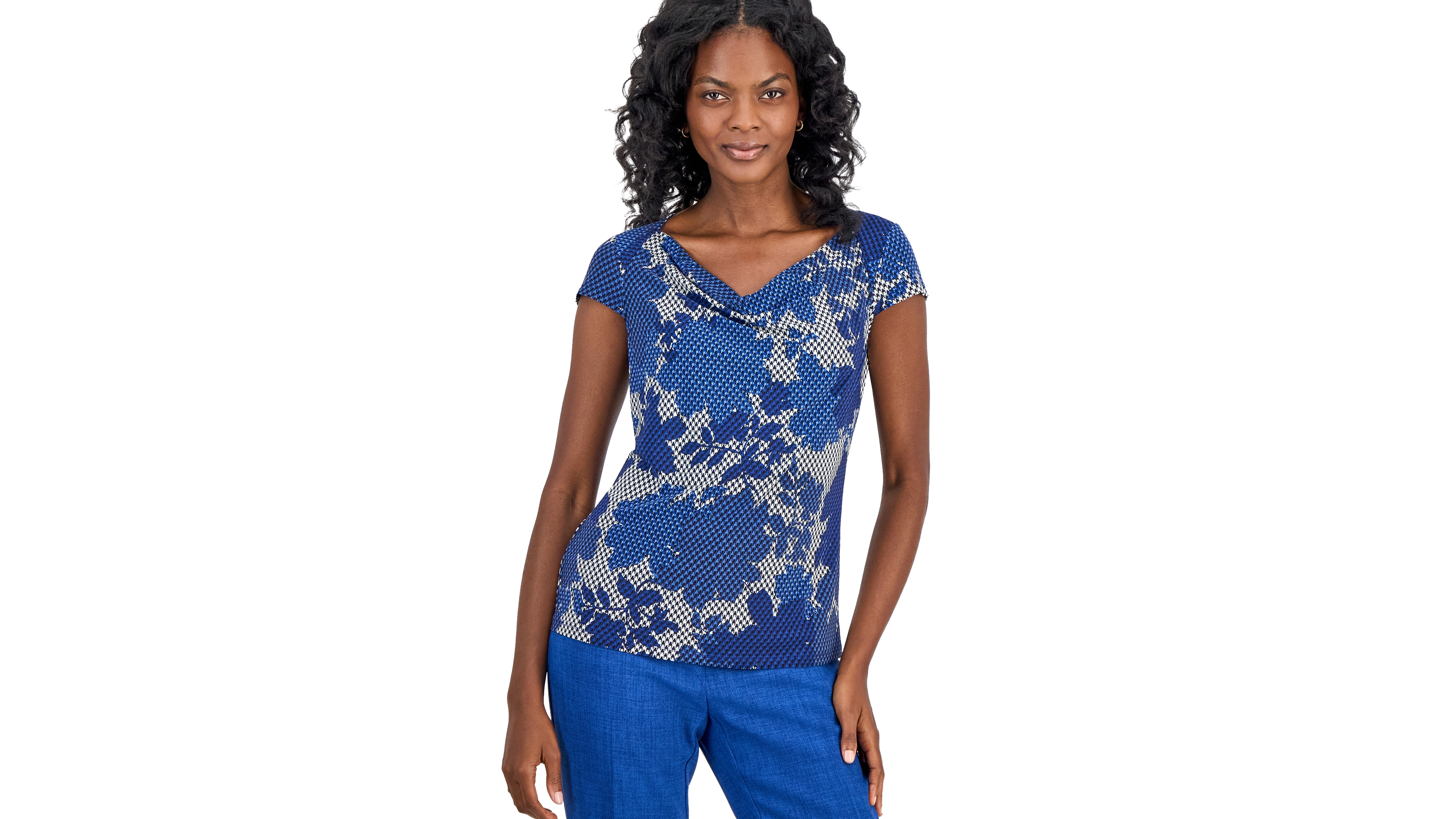 Kasper Women's Printed Cowl-Neck Cap-Sleeve Top