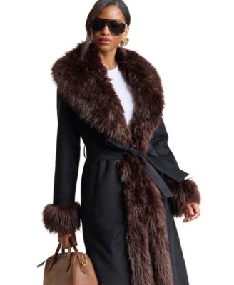 Women's Faux-Fur-Shawl-Collar Faux-Shearling Coat