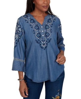 Women's Woven Split V-Neck 3/4-Sleeve Button-Front Blouse