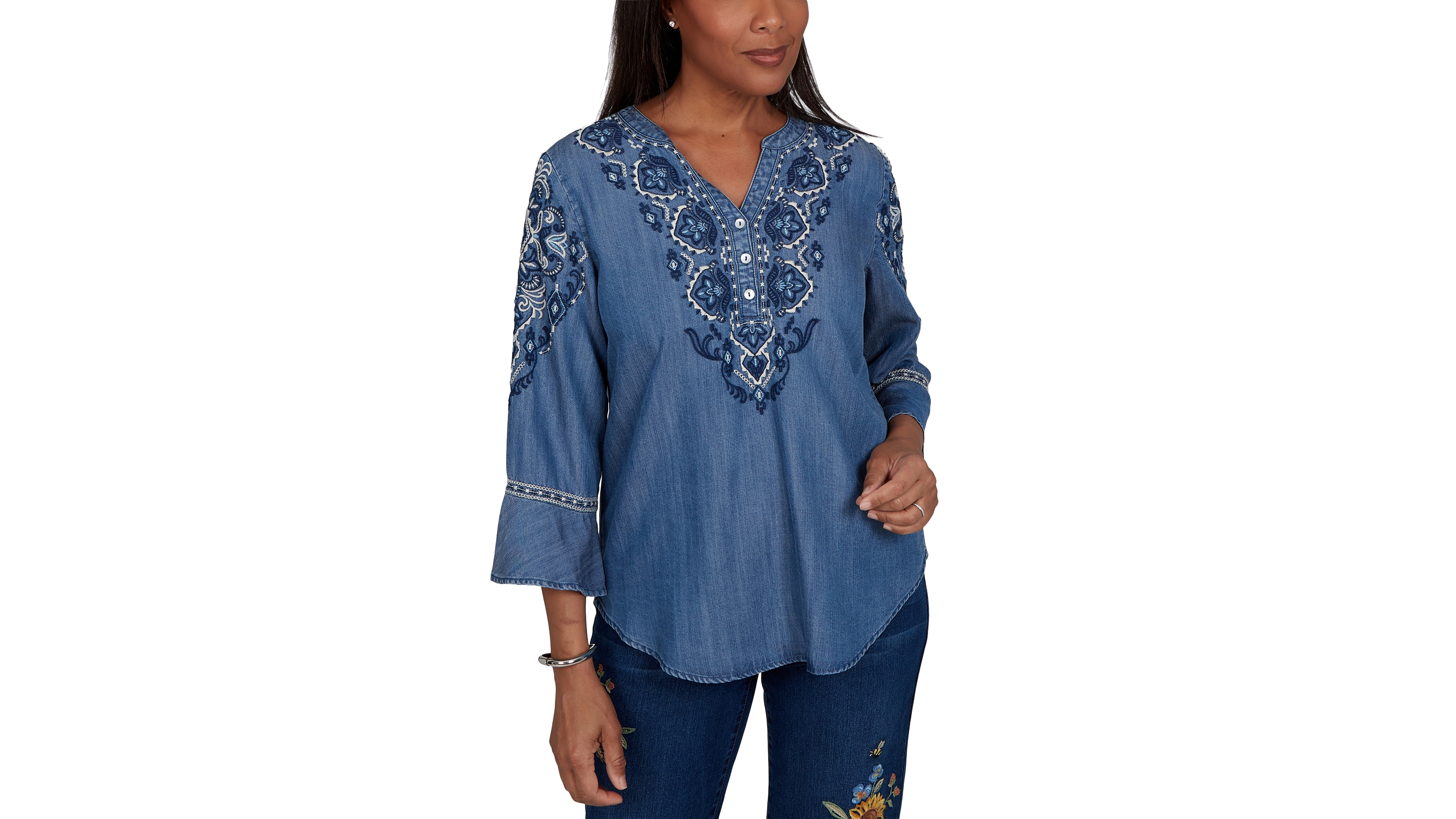 Alfred Dunner Women's Woven Split V-Neck 3/4-Sleeve Button-Front Blouse
