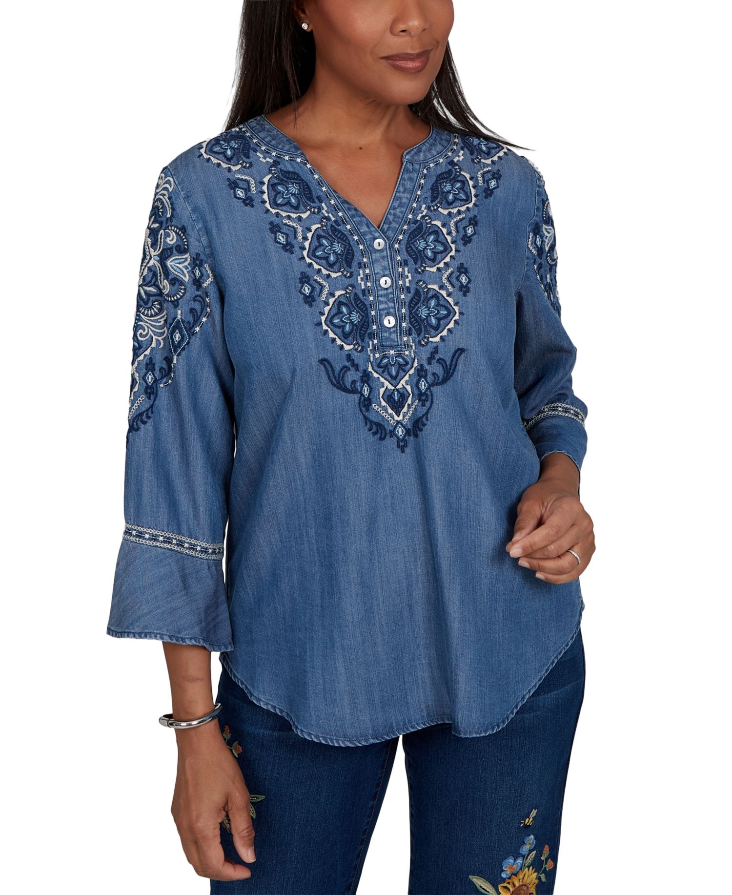 Women's Woven Split V-Neck 3/4-Sleeve Button-Front Blouse