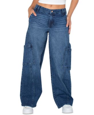 Juniors' Elastic-Back Mid-Rise Wide-Leg Cargo Jeans