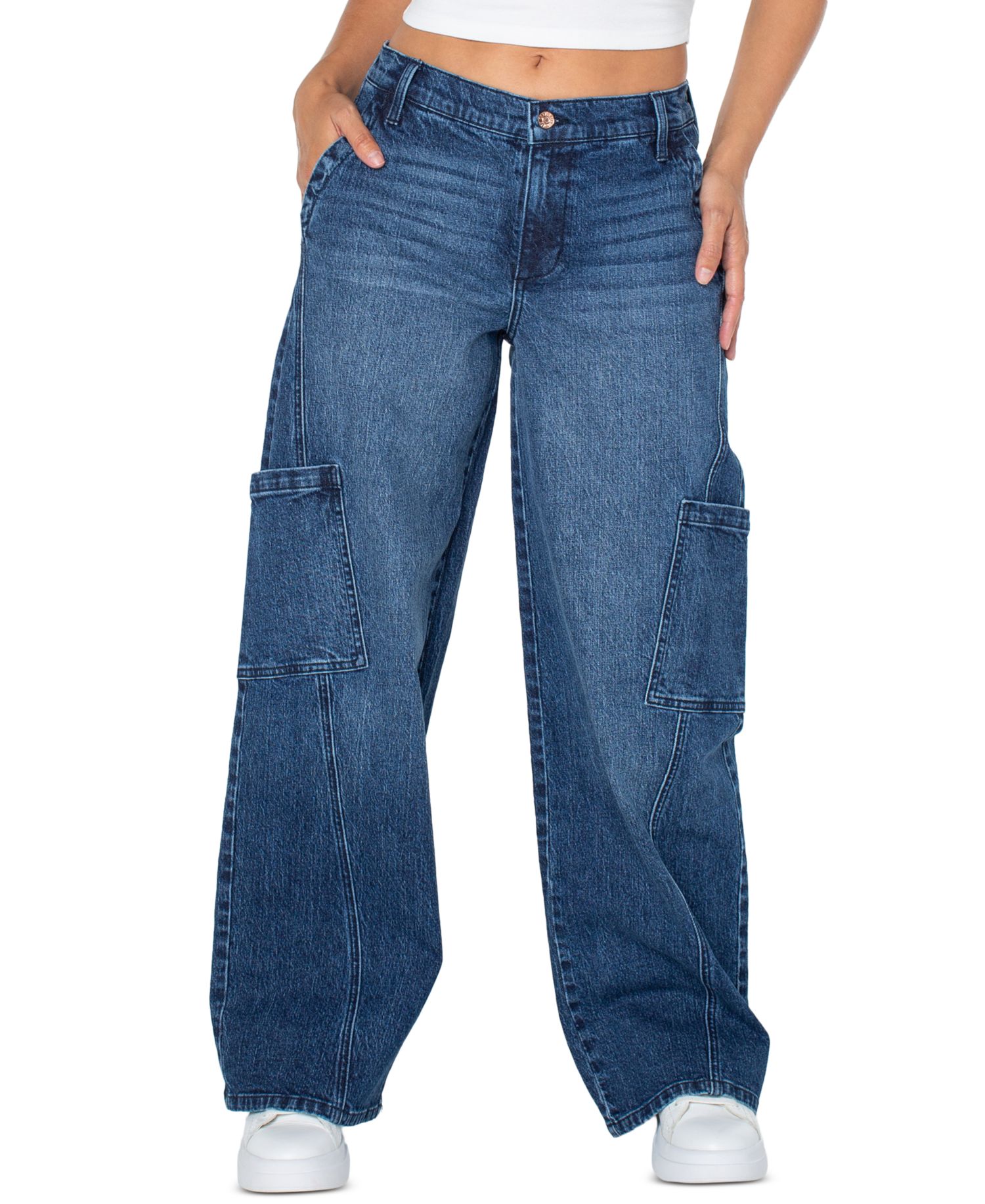 Juniors' Elastic-Back Mid-Rise Wide-Leg Cargo Jeans