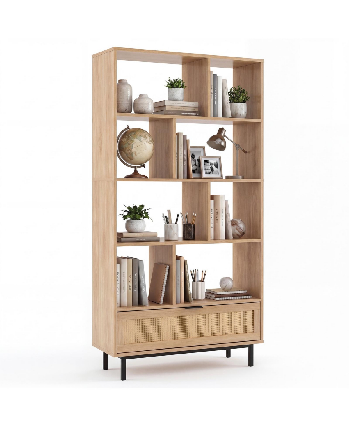 Costway 64 Inch 6-Tier Engineered Wood and Metal 8-Cube Rattan Drawer Bookcase - Natural