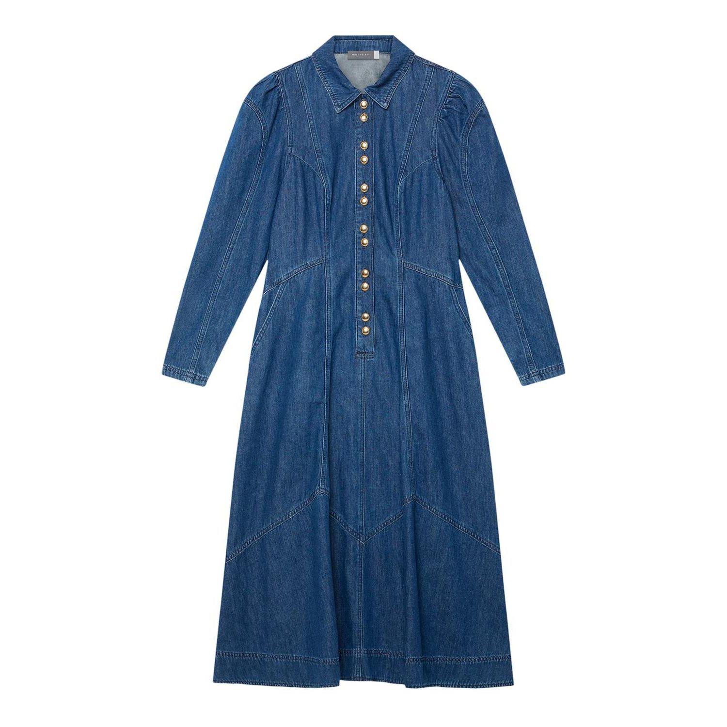 Women's Denim Midi Classic Colllar Shirt Dress