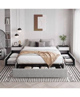Queen Size Platform Bed Frame with 3 Storage Drawers Upholstered No Headboard Wooden Slats Support No Box Spring Needed Easy Assembly